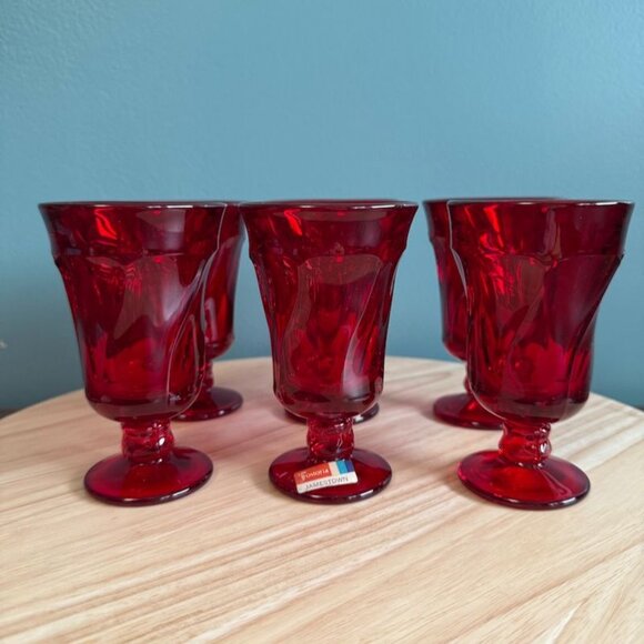 6 NOS Vintage Fostoria Jamestown Ruby Red Juice Goblets 4 3/4" Tall Elegant 4oz - Picture 2 of 8
